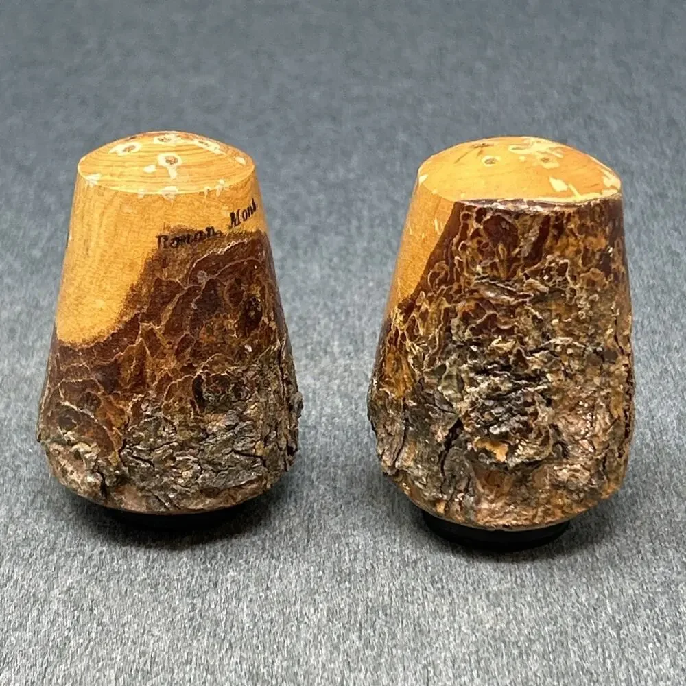 Vintage Real Wood Big Chief Squaw Novelty Salt Pepper Shakers Bark Souvenir
